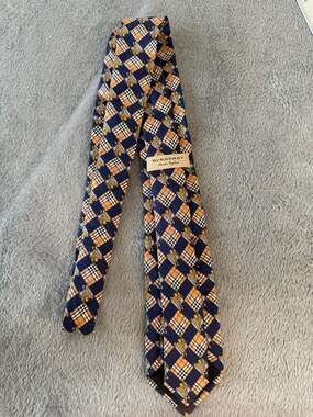 Burberry Silk Neck Tie Navy Blue Equestrian Knight and Nova Check Pattern